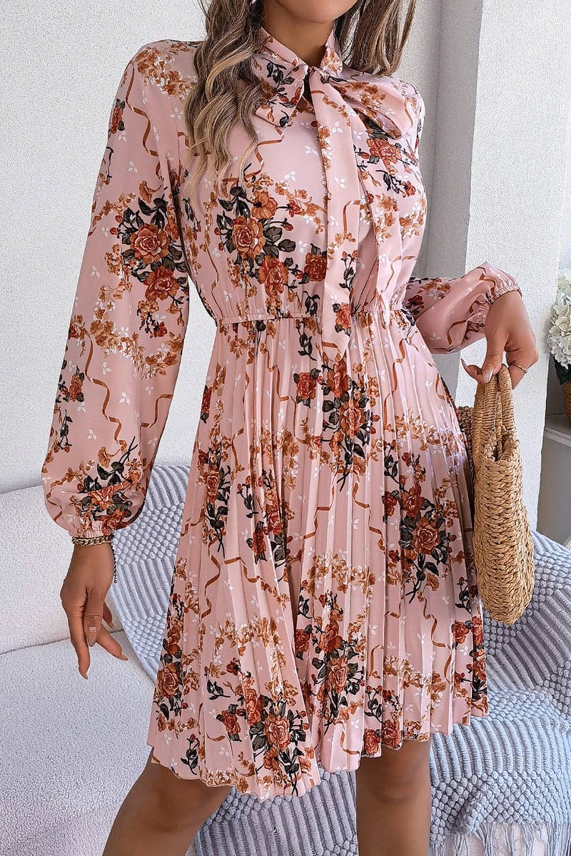 CWDSD6429_FLORAL LACE-UP LONG-SLEEVED PLEATED DRESS
