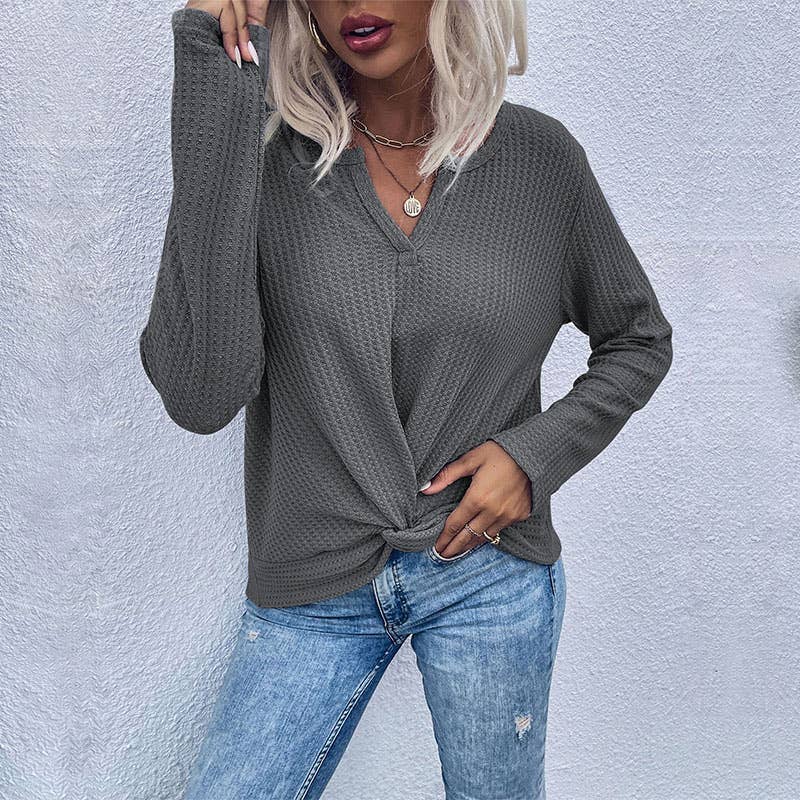 WAFFLE KNOT SOLID COLOR LONG SLEEVE BASE TOP