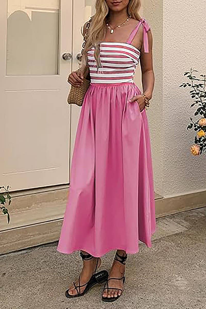 CWDMD5701_SLEEVELESS TIE POCKET STRIPED BEACH DRESS