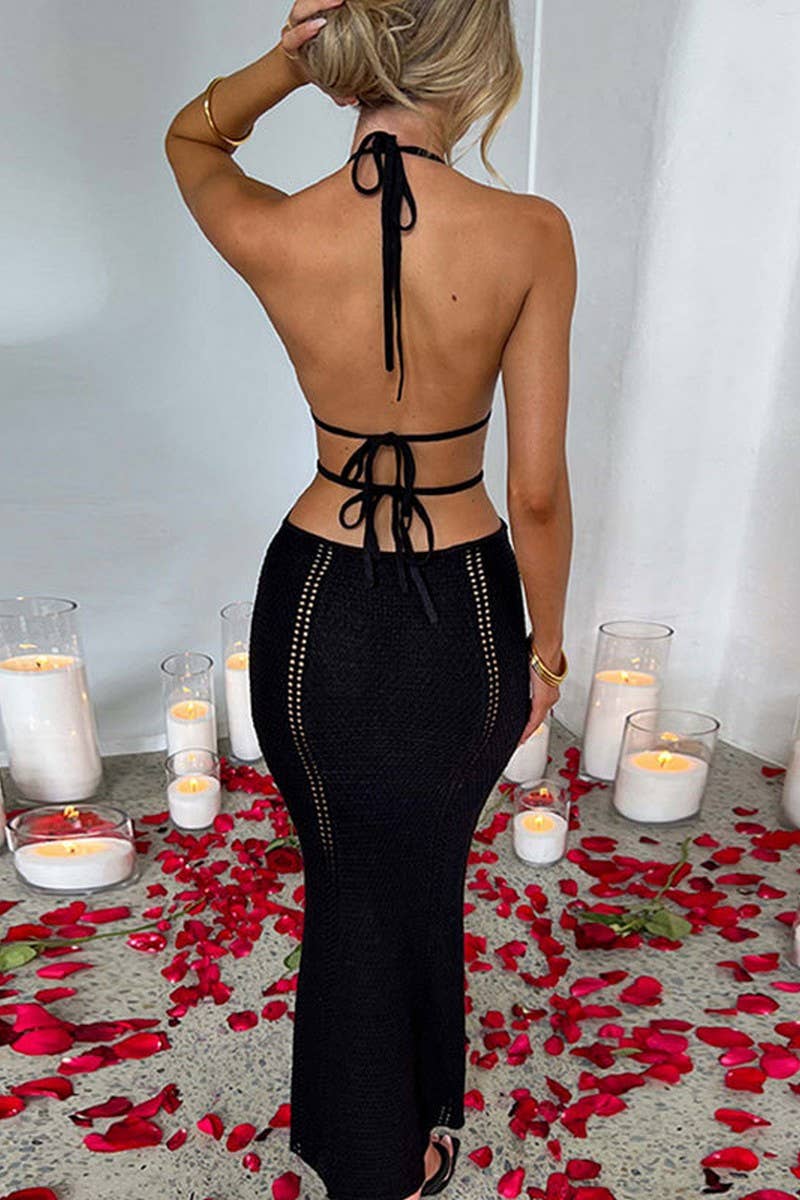 CWDMD4775_HALTER NECK TIE HOLLOW LONG DRESS BLOUSE