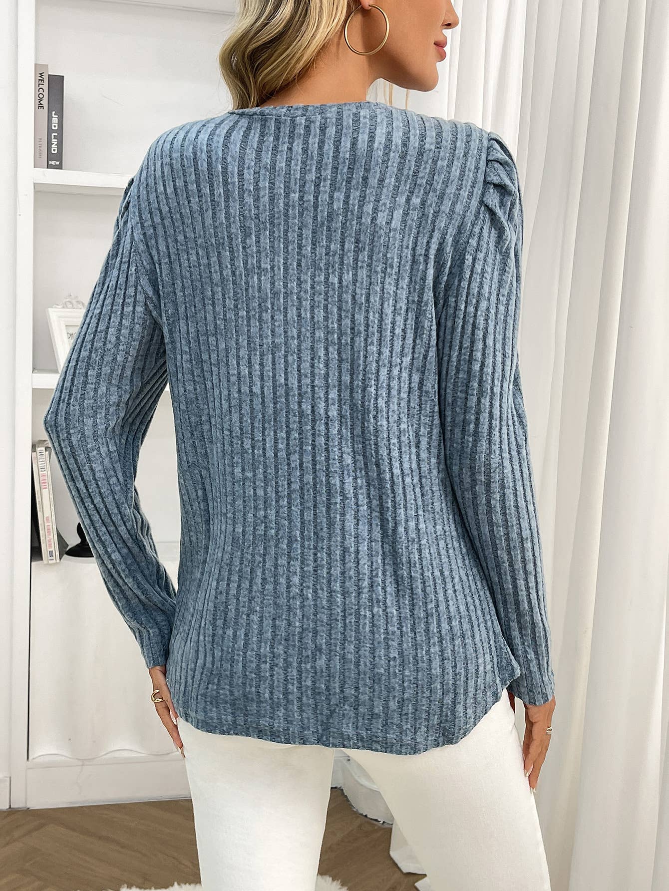 Round-neck puffed-sleeve brushed striped T-shirt