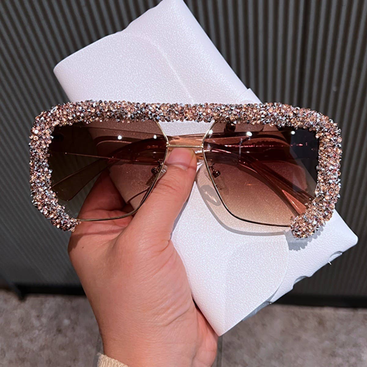 DOUBLE BRIDGE POLYGONAL RHINESTONE SUNGLASSES