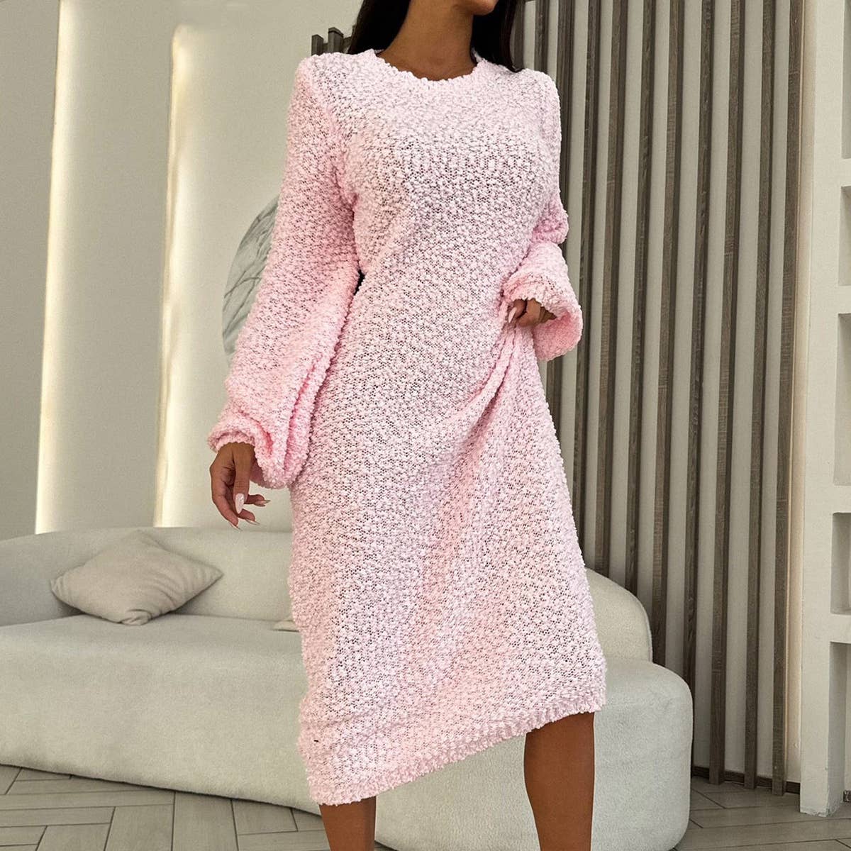 ROUND NECK LONG SLEEVE SOLID COLOR DRESS