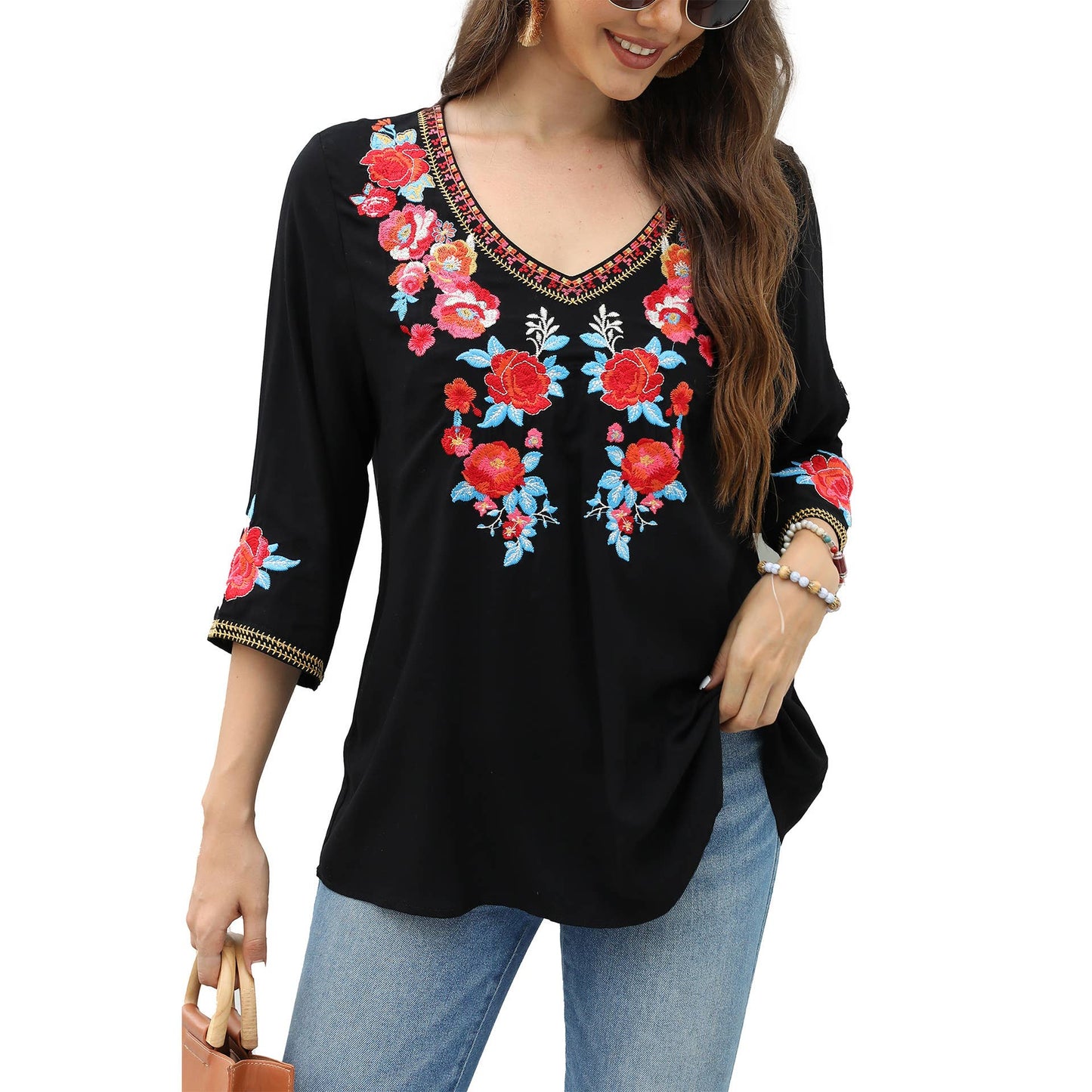 Embroidered seven-quarter sleeve shirt for women