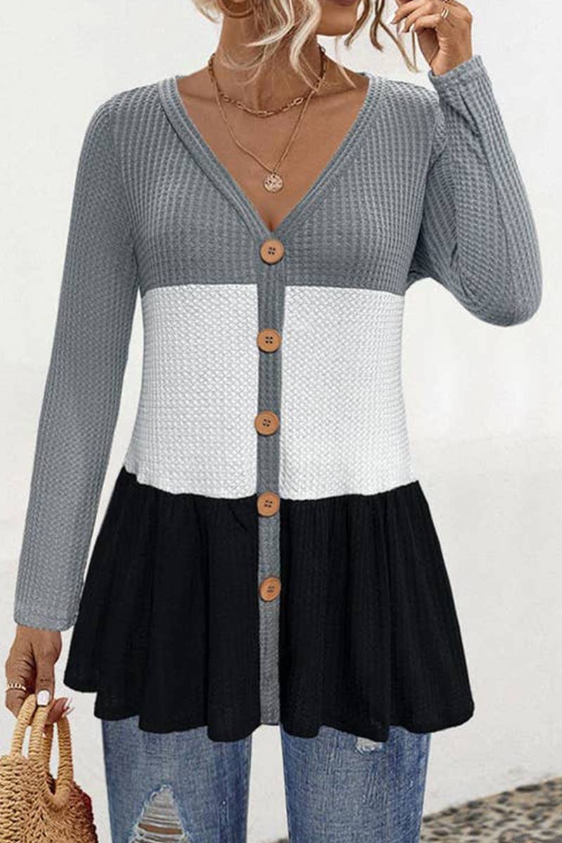 V-neck patchwork color button-knit top
