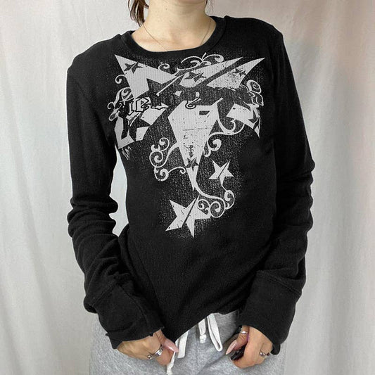 VINTAGE STAR PRINT CREW NECK SOLID COLOR T-SHIRT