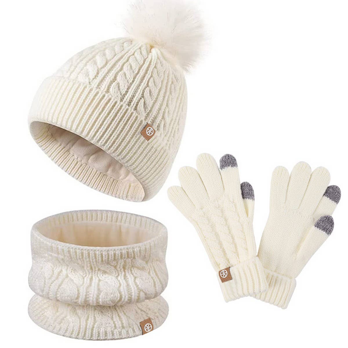 THREE-PIECE SET OF POM-POM HAT, SCARF AND GLOVES