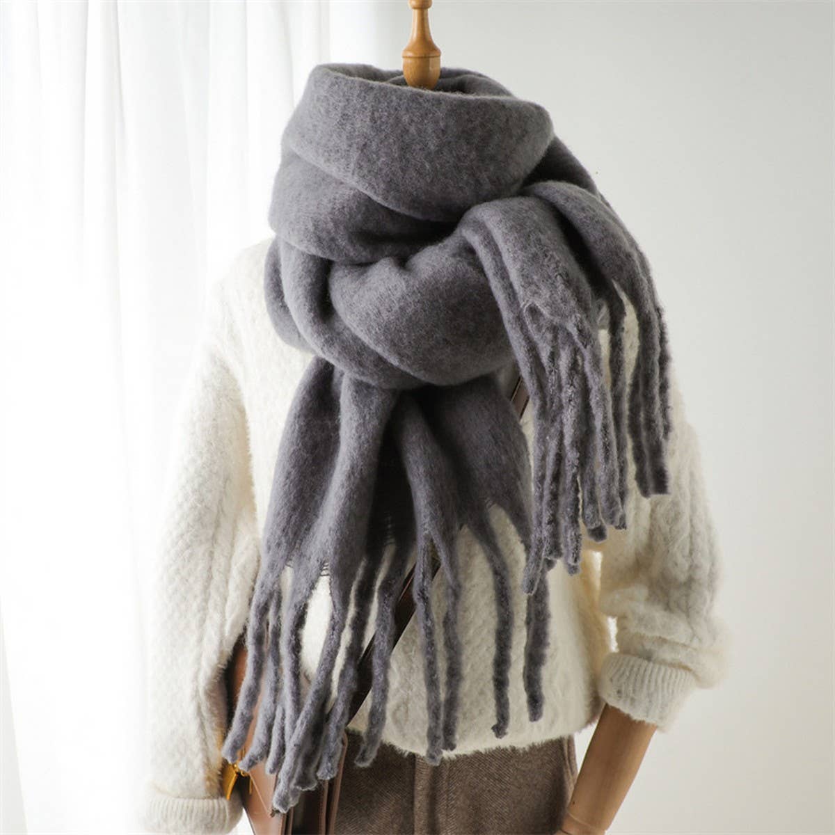 Mohair Tassel Scarf for Winter, Unisex Long Shawl