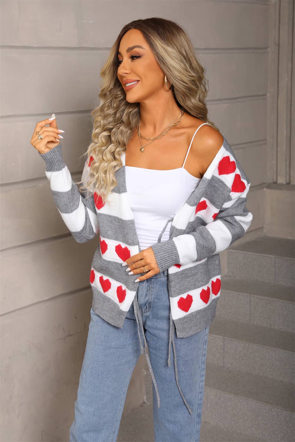 Valentine's Day heart-shaped drawstring cardigan