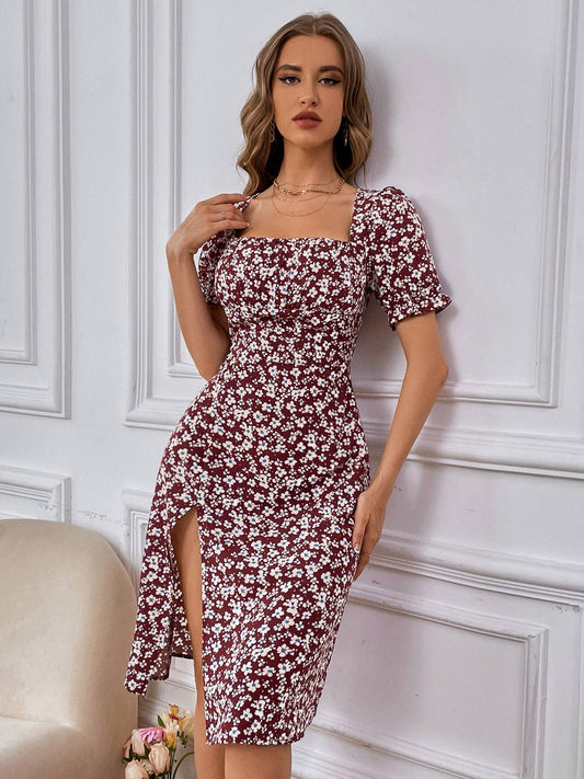 Square-neck pullover high-waisted elegant dress