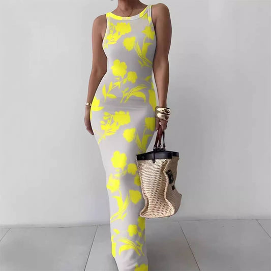 Yellow floral camisole sheath sheath hip dress