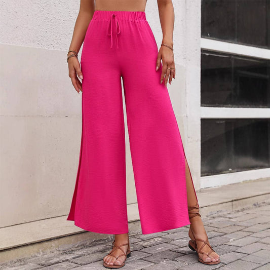 Solid-color slit high-waisted wide-leg pants
