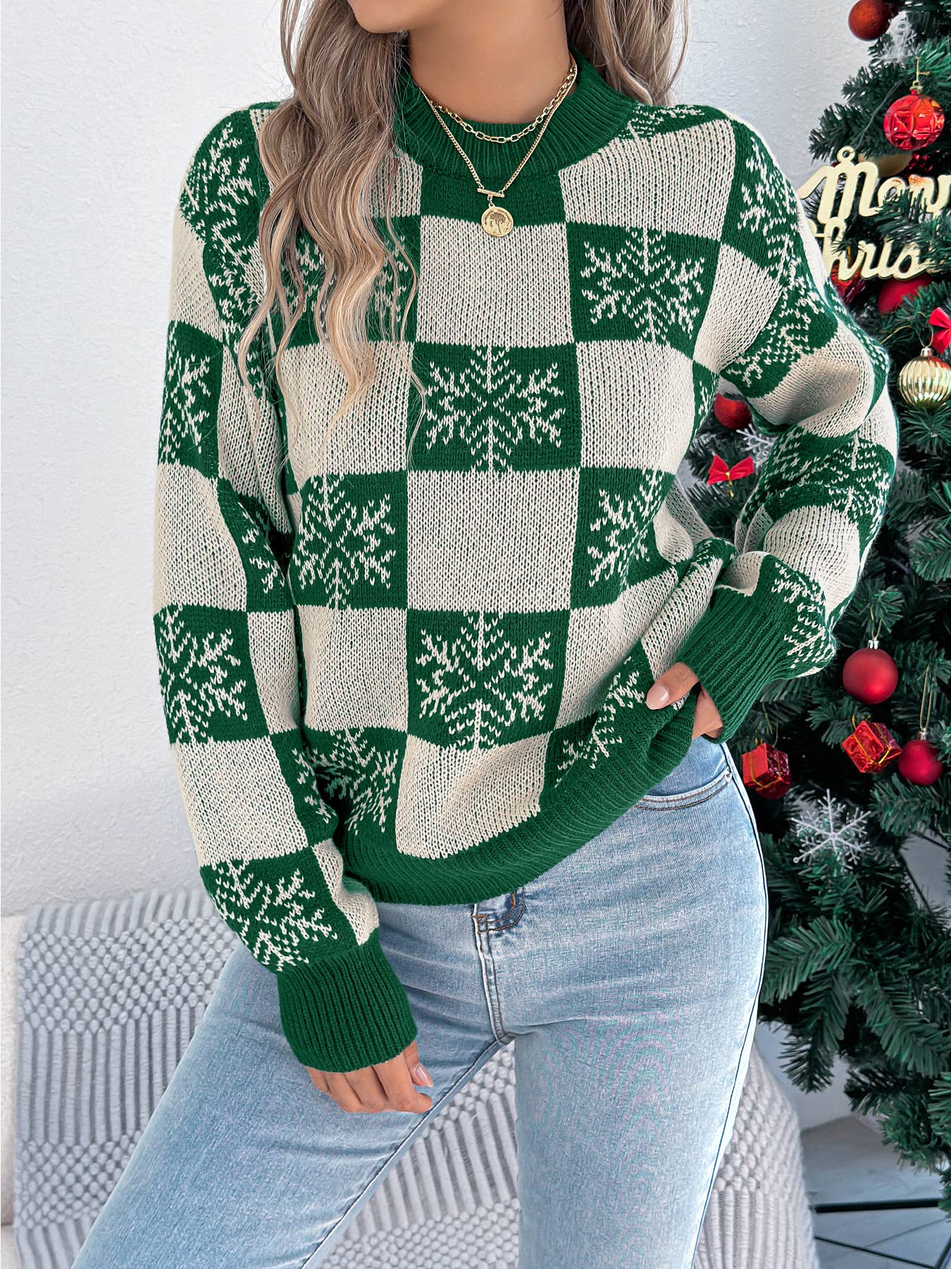 Snowflake checkered lantern long-sleeved sweater