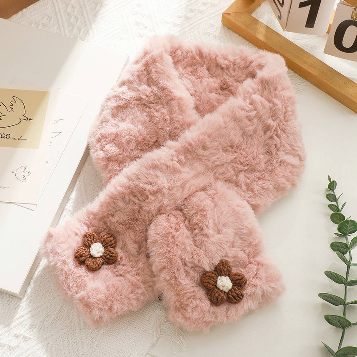 Brown Floral Fuzzy Scarf - Neck Wrap for Students_CWASC1251