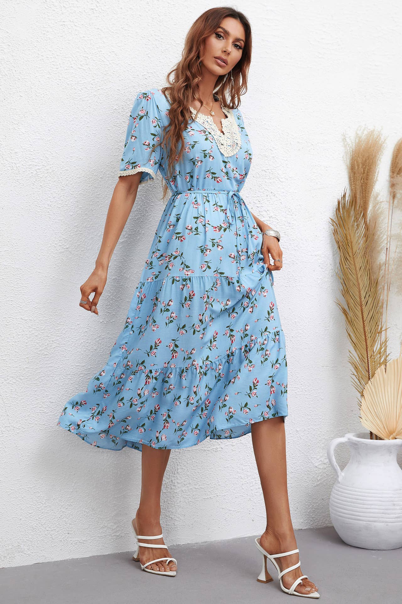 FASHION FLORAL V-NECK SHORT-SLEEVED DRESS