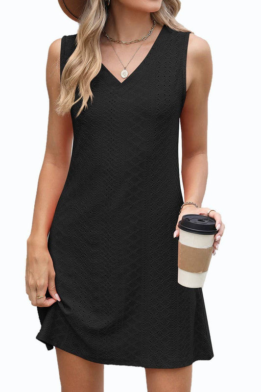 CWDSD8719_SOLID V-NECK SLEEVELESS CASUAL DRESS