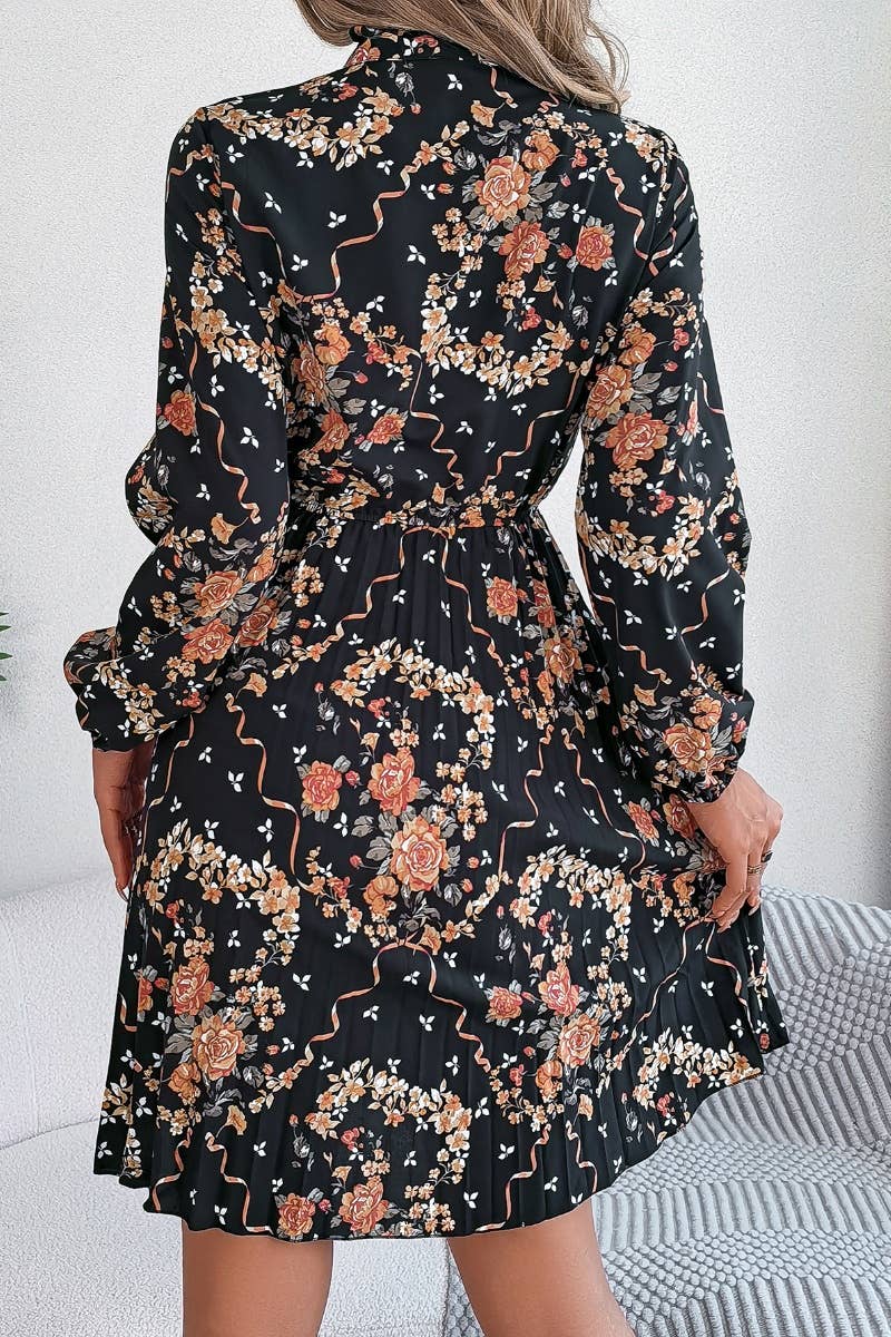 CWDSD6429_FLORAL LACE-UP LONG-SLEEVED PLEATED DRESS