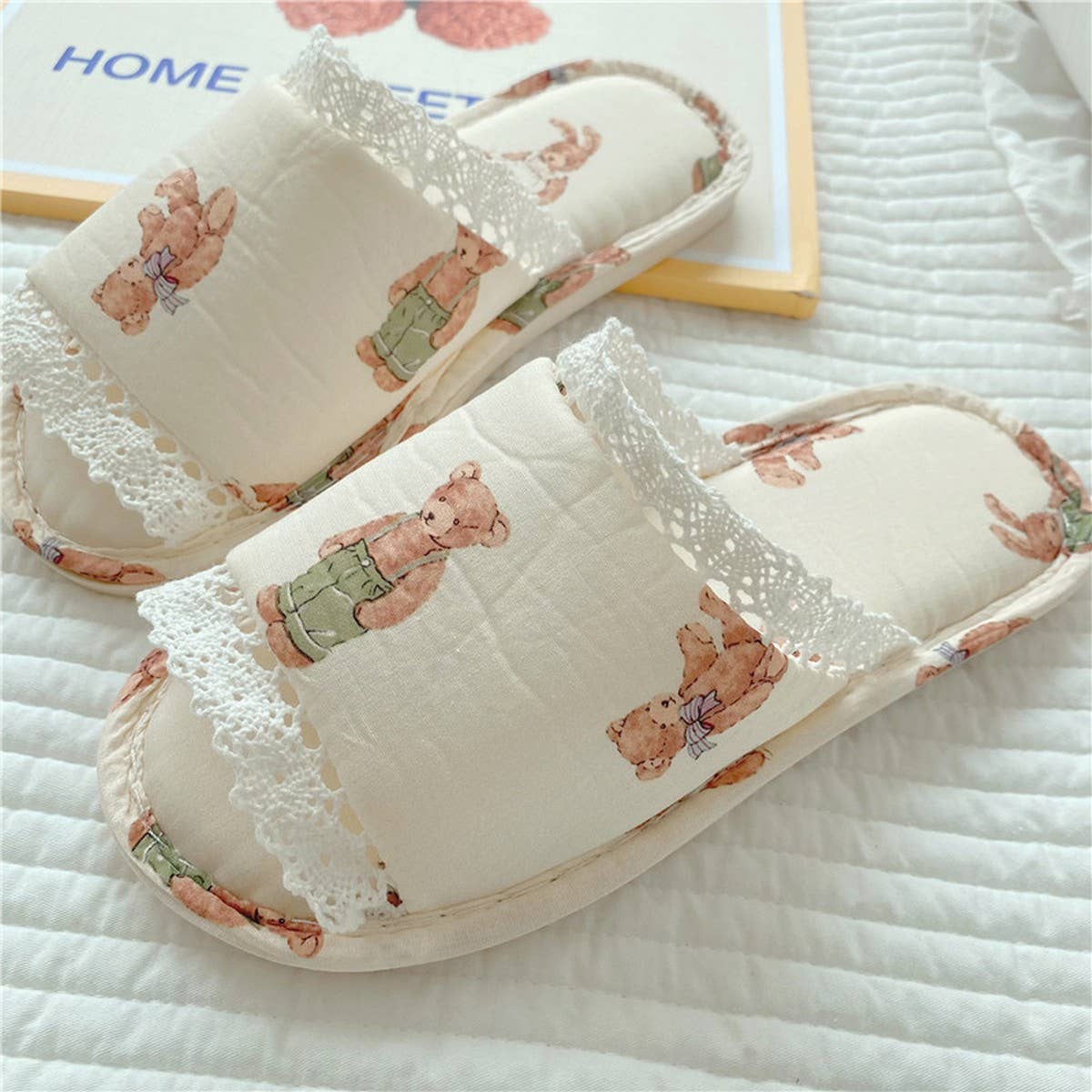 VINTAGE LACE RABBIT BEAR OPEN TOE HOME SLIPPERS
