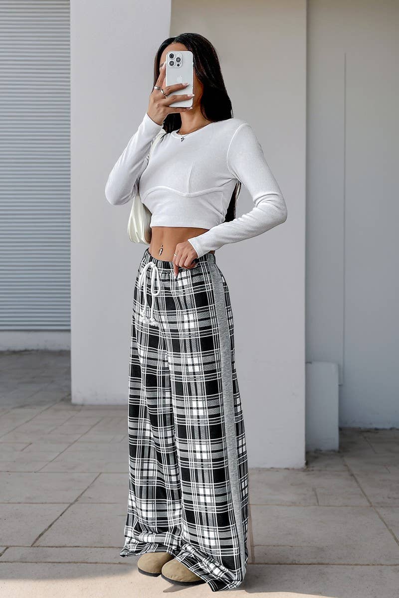 CWBLP2147_CHECKERED ELASTIC WAIST WIDE LEG PANTS