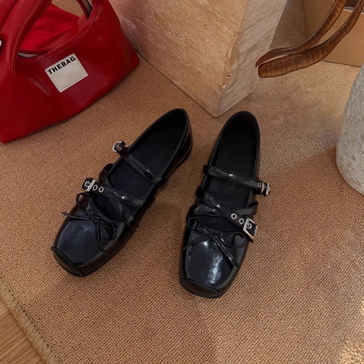 Suede Mary Jane Flats with Cross Strap & Bow_CWSHF0067