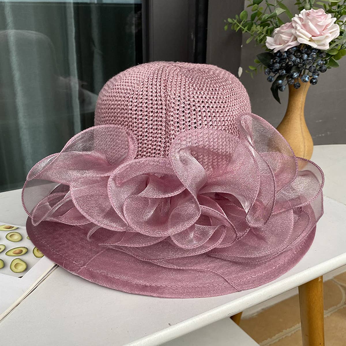 WOMEN ORGANZA FLOWER SUNSCREEN HAT_CWAH1208