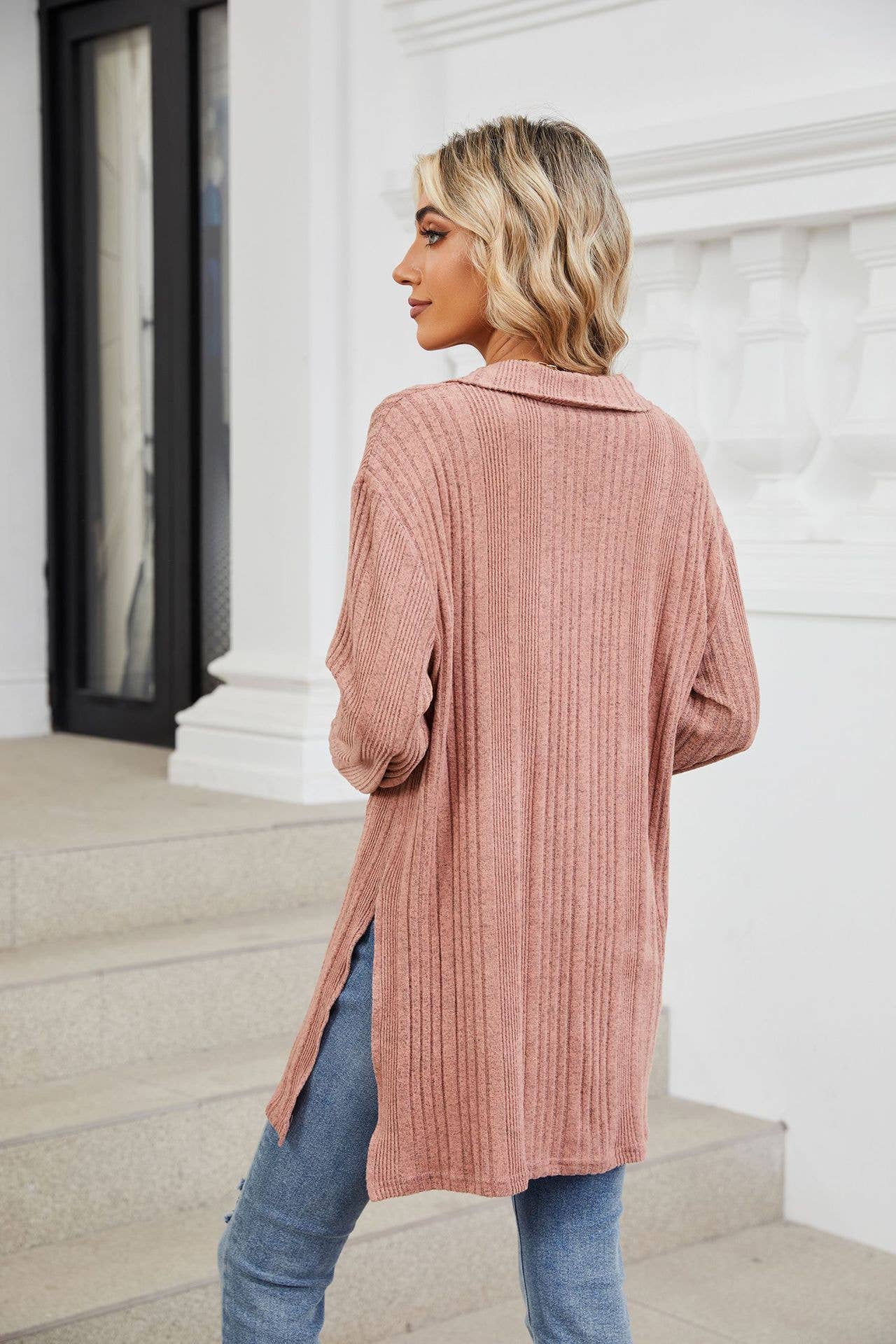 Solid-color V-neck long-sleeved loose slit Top