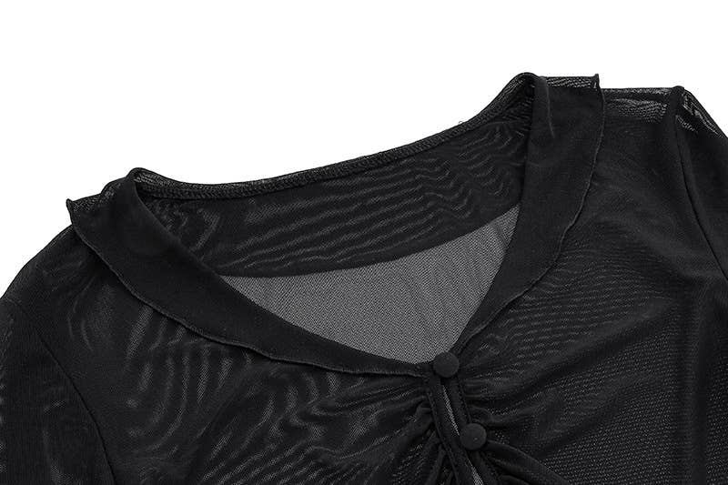 See-through mesh fitted long-sleeved top