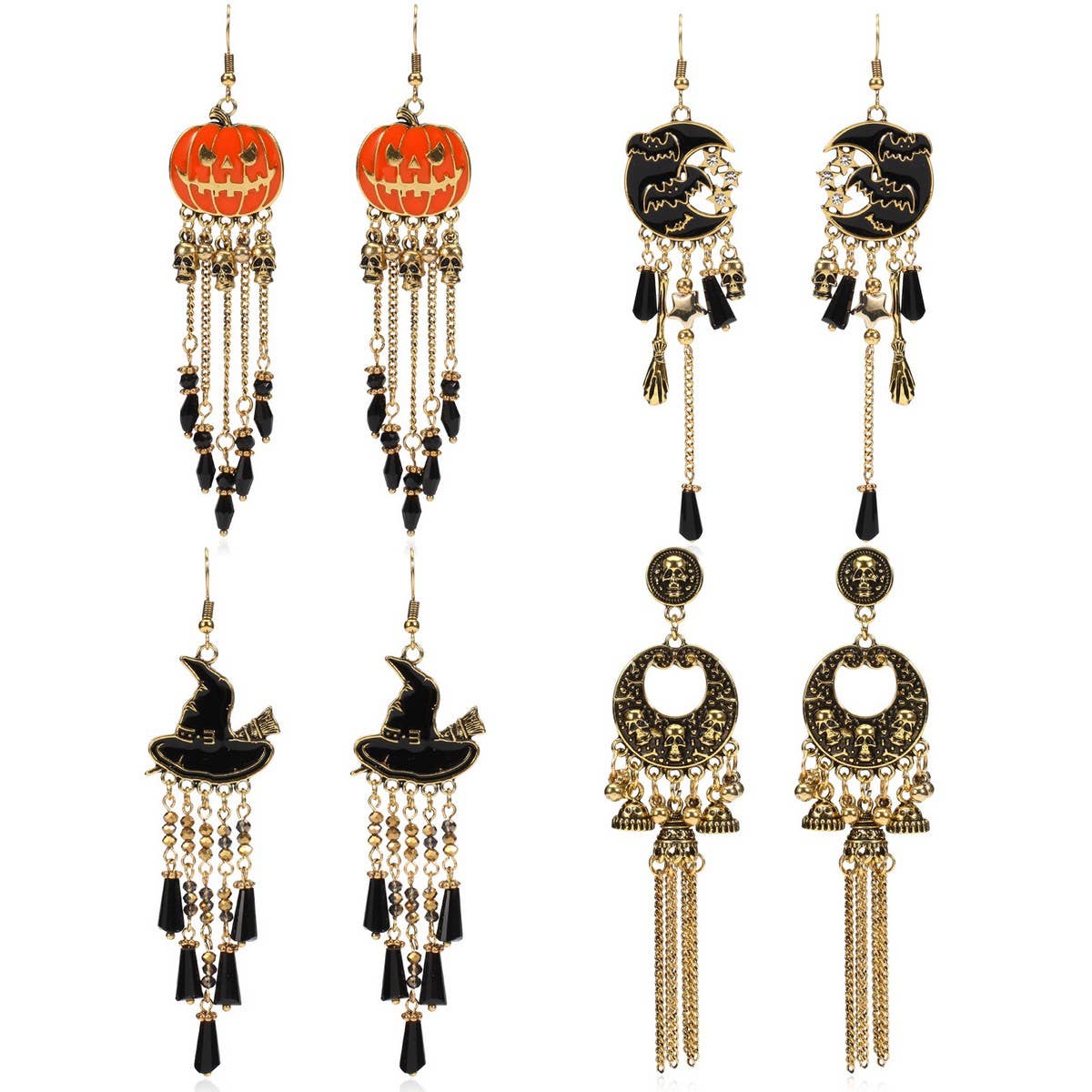 CWMM10460_HALLOWEEN PUMPKIN GHOST SKULL SPIDERWEB EARRINGS