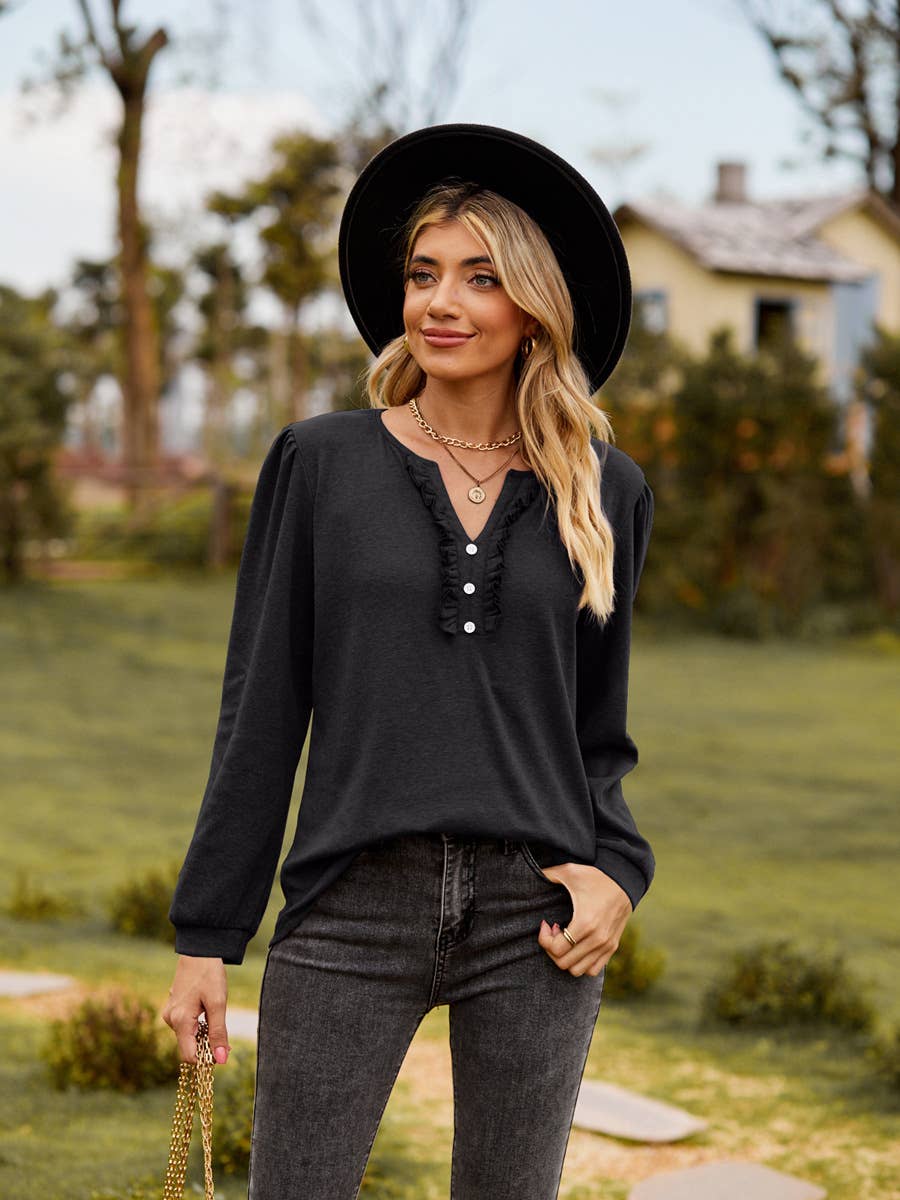 SOLID COLOR V-NECK BUTTON-DOWN WOODEN TRIM TOP