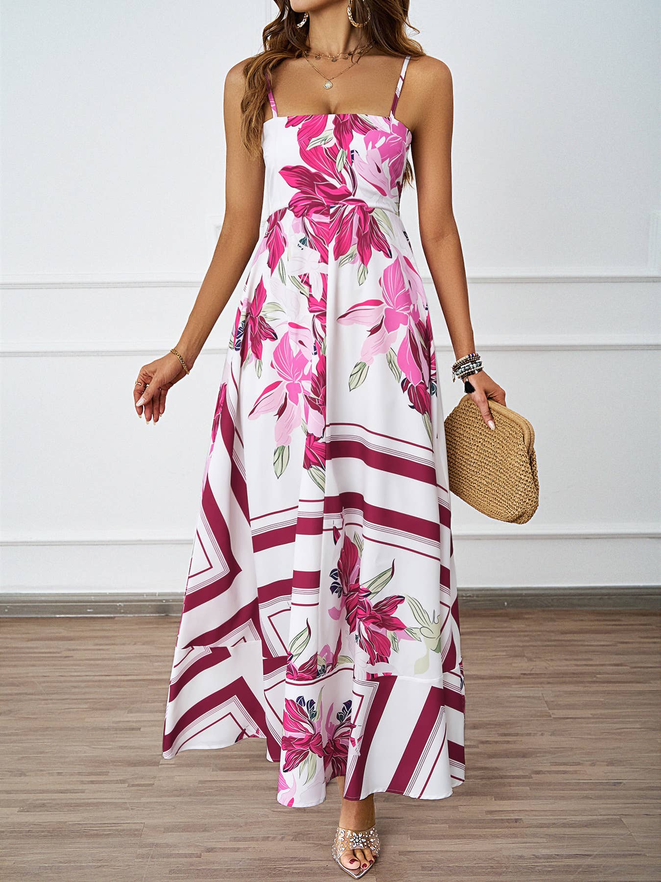 PRINTED HALTER HALTER HIGH-WAISTED A-LINE DRESS