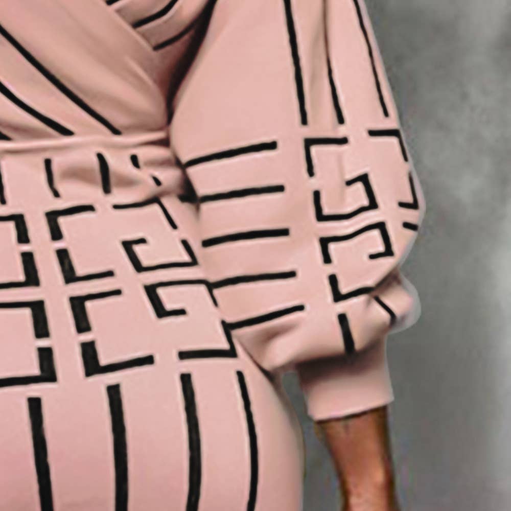 PRINT LONG-SLEEVED V-NECK FANNY PACK HIP DRESS