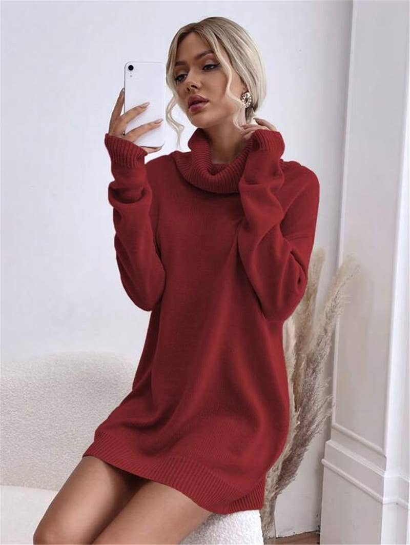 Solid-color loose high-neck knitted dress