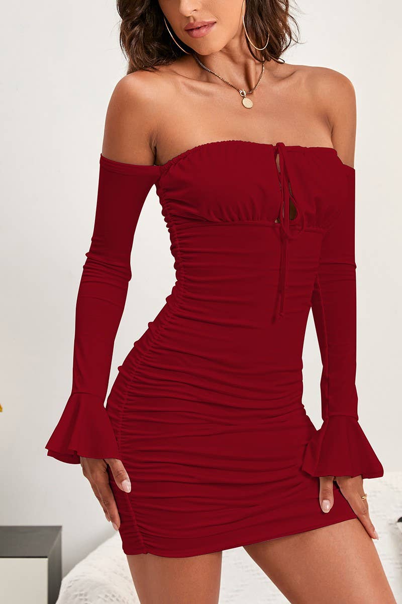 CWDTD00497_TIE OFF SHOULDER LONG SLEEVE BODYCON DRESS