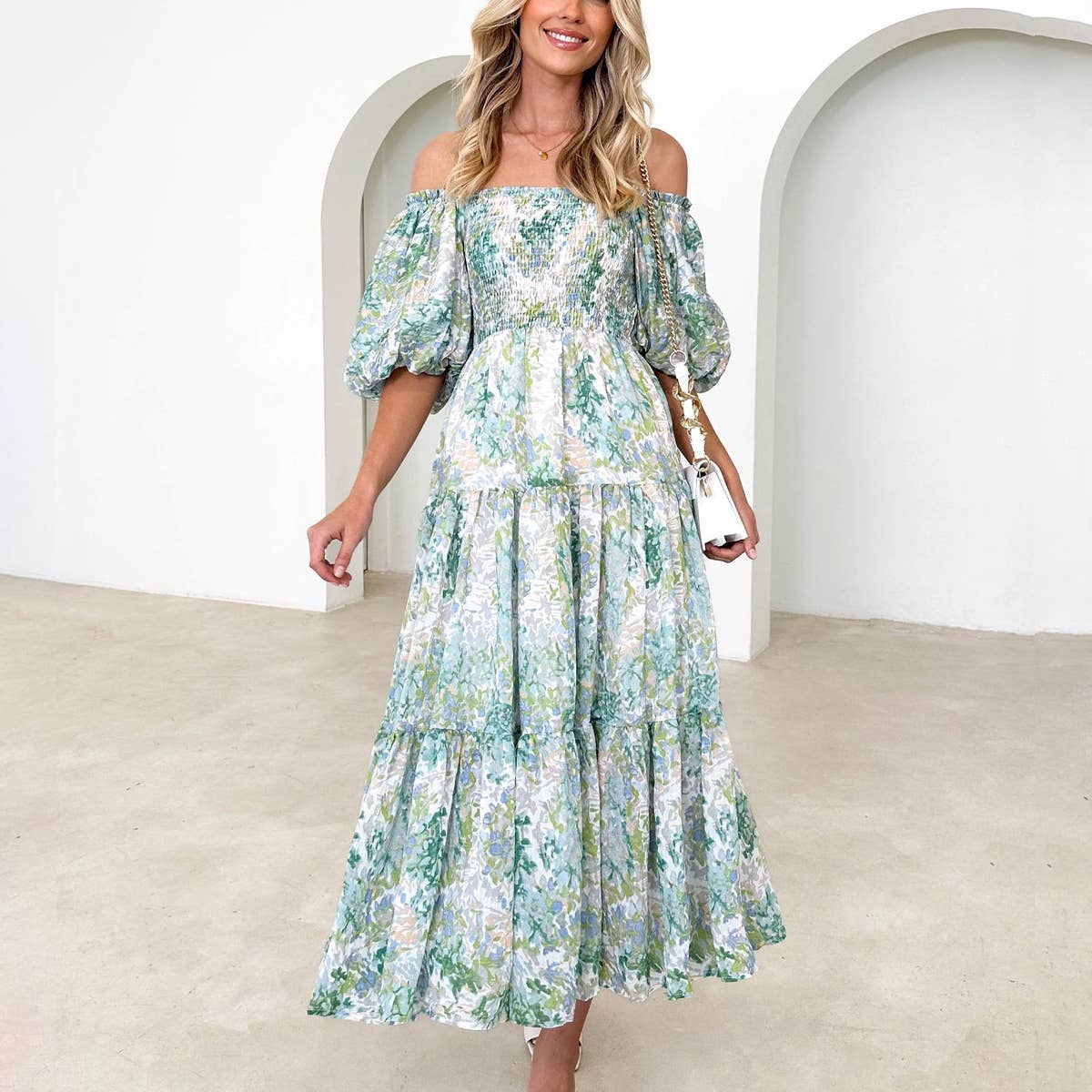 PRINT FRENCH CAKE DRESS WITH PUFF SLEEVES