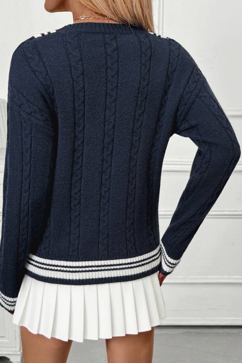 CWOSWL07133_V NECK CABLE KNIT COLORBLOCK PULLOVER SWEATER