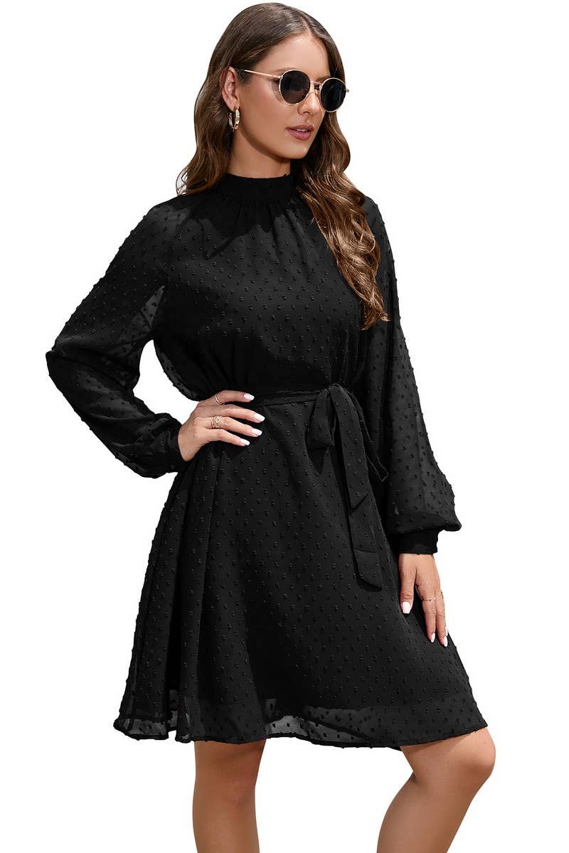 CWDSD5810_MID-NECK LONG-SLEEVED CHIFFON POMPOM BELT DRESS