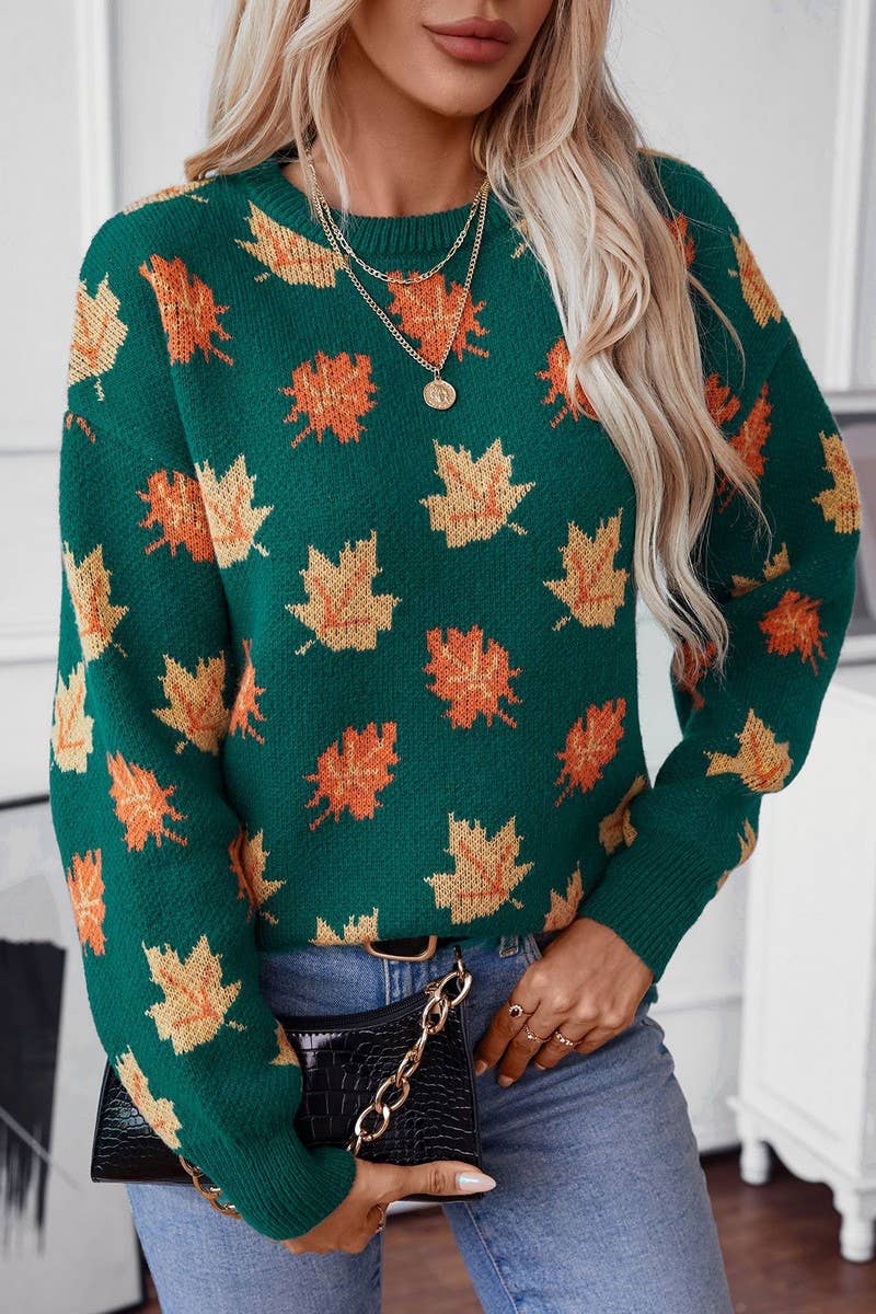 CWOSWL07063_MAPLE LEAF JACQUARD CASUAL PULLOVER SWEATER