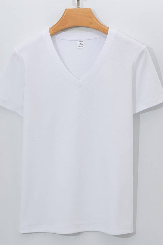 Cwtts1041_V Neck Solid Color Casual Women T Shirt