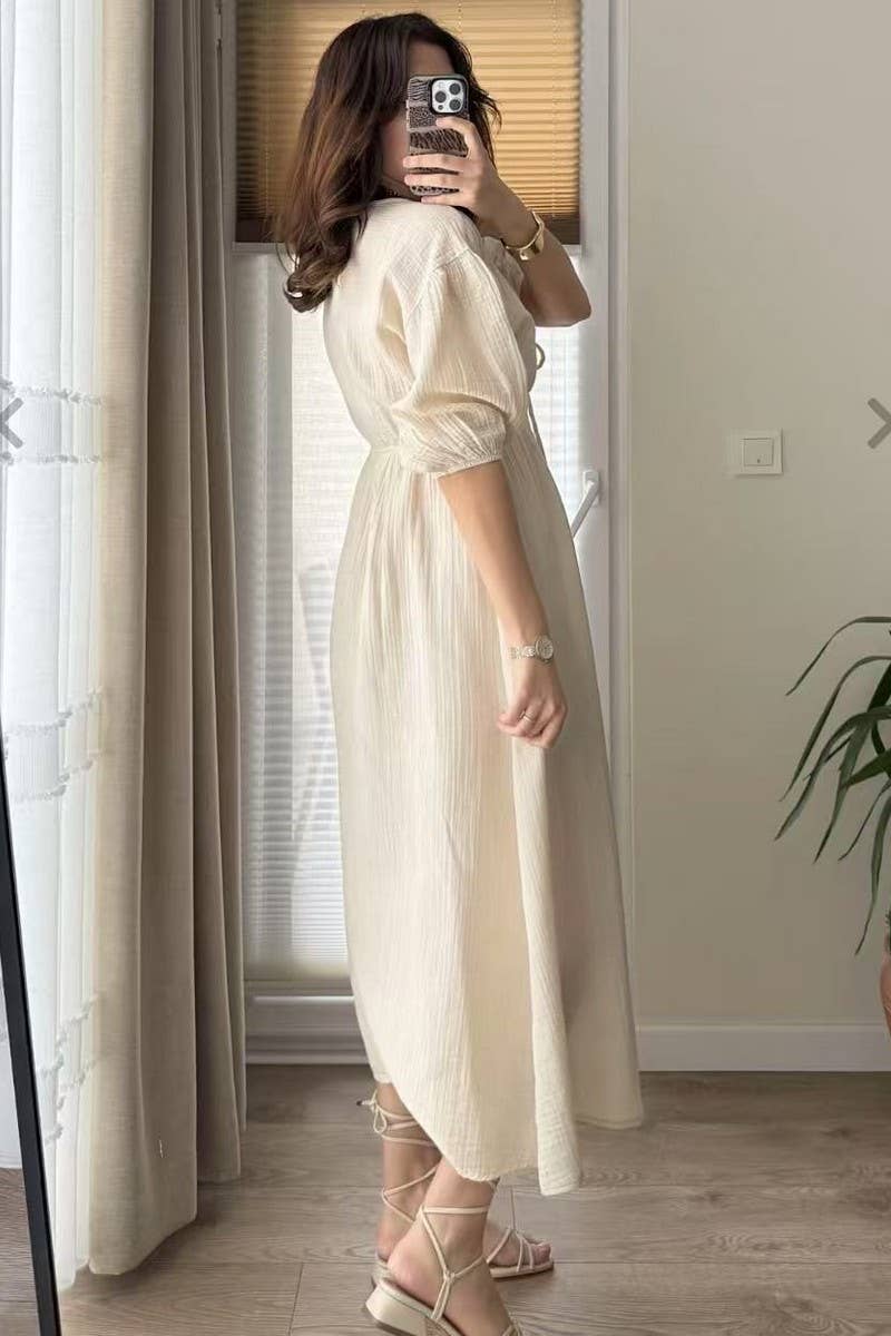 CWDMD5840_V-NECK PUFF SLEEVE SLIM FIT A-LINE DRESS