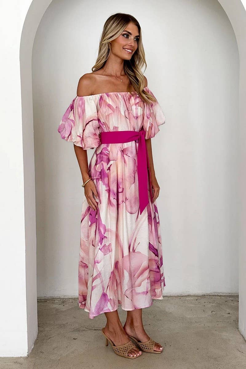 CWDMD5899_ELEGANT OFF-SHOULDER WAISTED PUFF SLEEVE DRESS