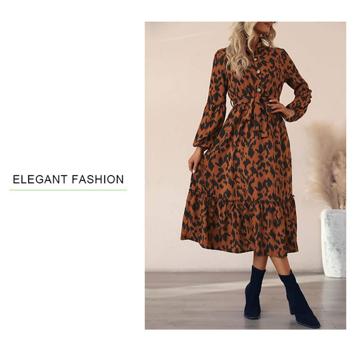 Stand collar long sleeve leopard print dress