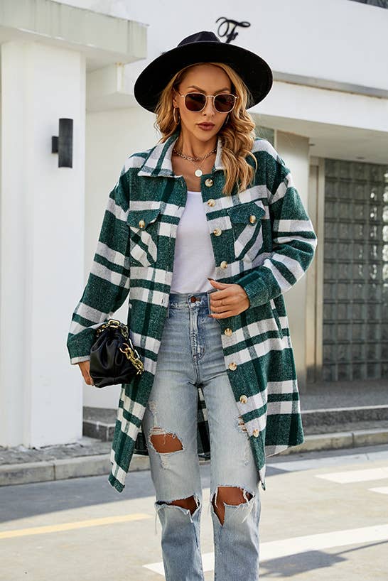 STYLE LAPEL PLAID WOOL SINGLE BREASTED LONG COAT
