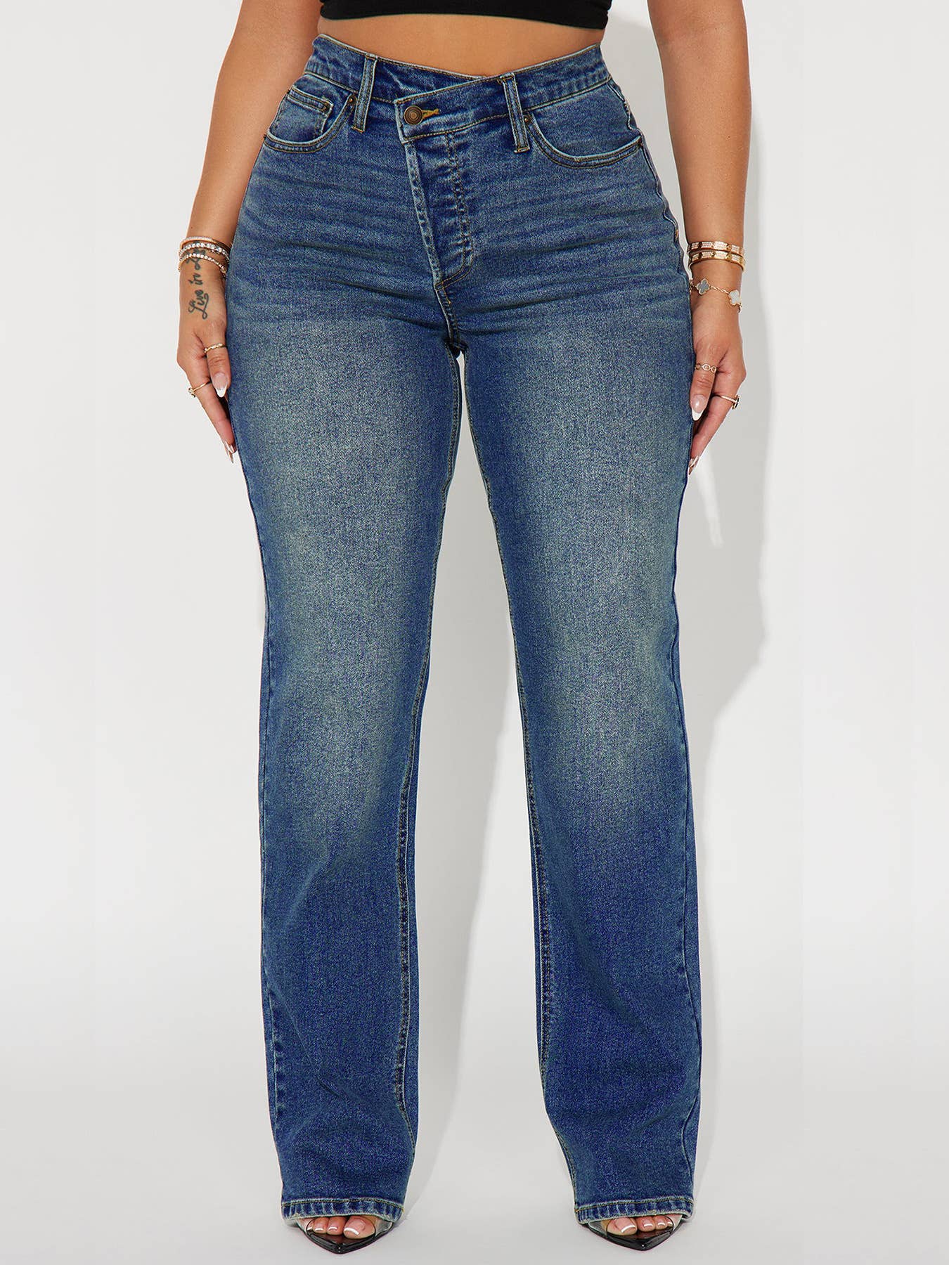 DIAGONAL HIGH-WAISTED STRAIGHT-LEG STRETCH JEANS