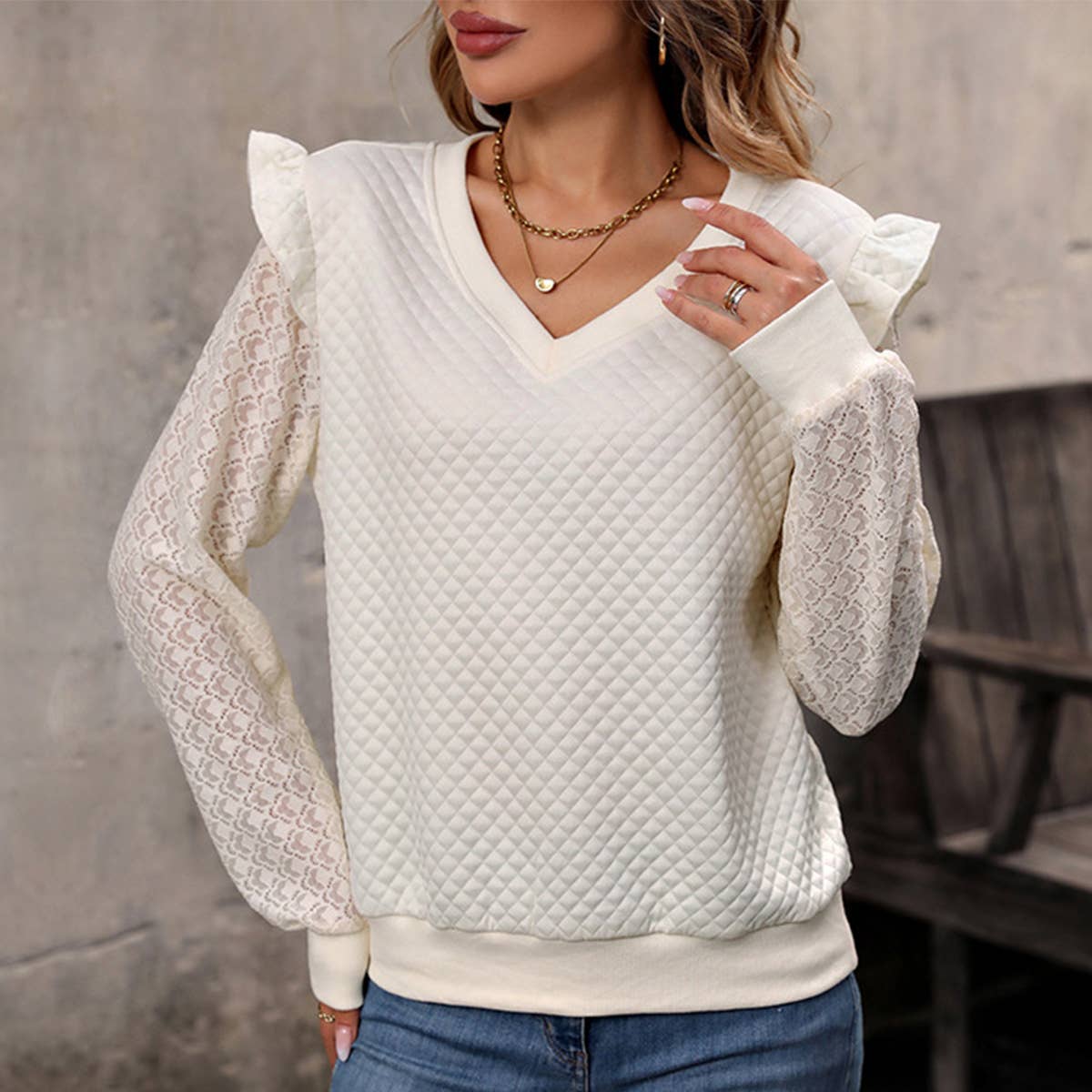 LACE LONG-SLEEVED FABRIC RUFFLED PATCHWORK HOODIE