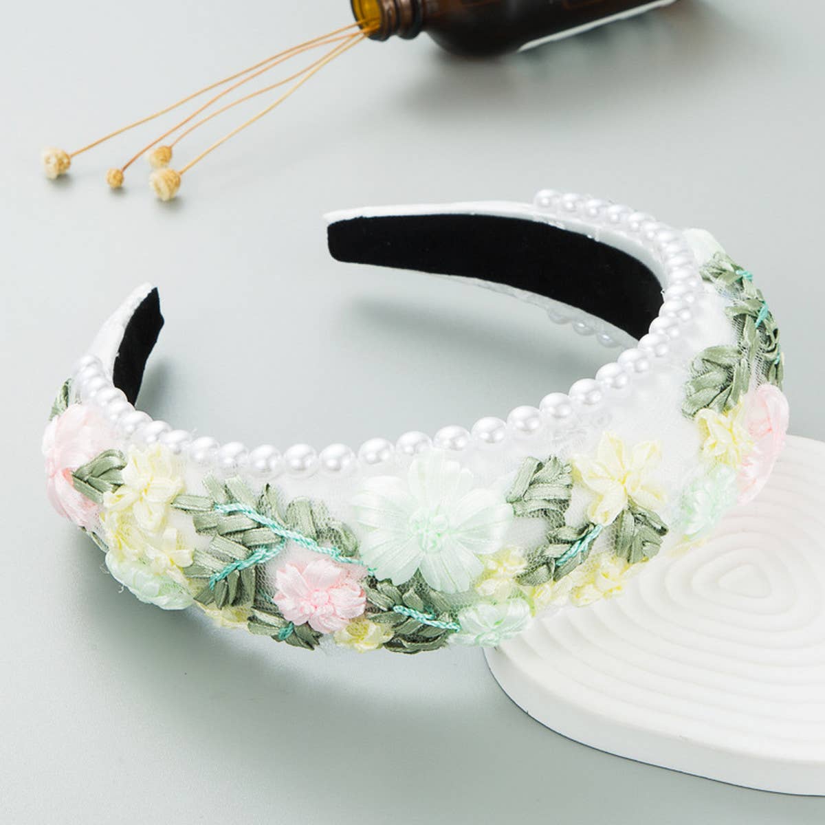 PASTORAL SPONGE PEARL FABRIC WOVEN FLOWER HEADBAND_CWAHA2115