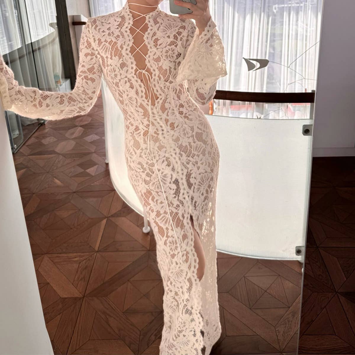 Lace-panel street style split long sleeve dress