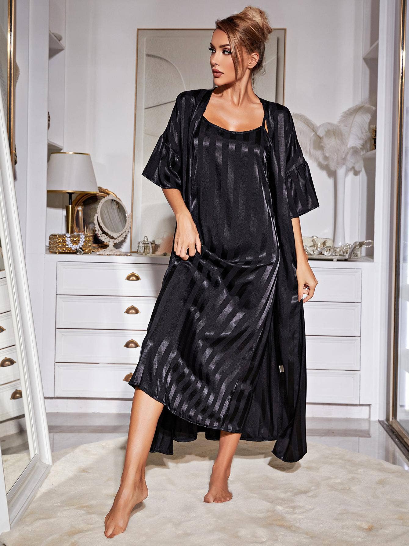 Long-sleeved ice silk bathrobe and home wear set