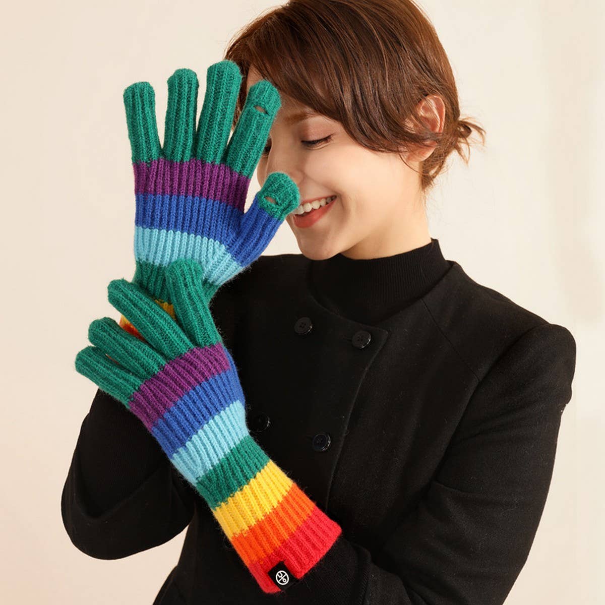 WINTER RAINBOW STRIPED KNITTED FINGERLESS GLOVES_CWAG0397