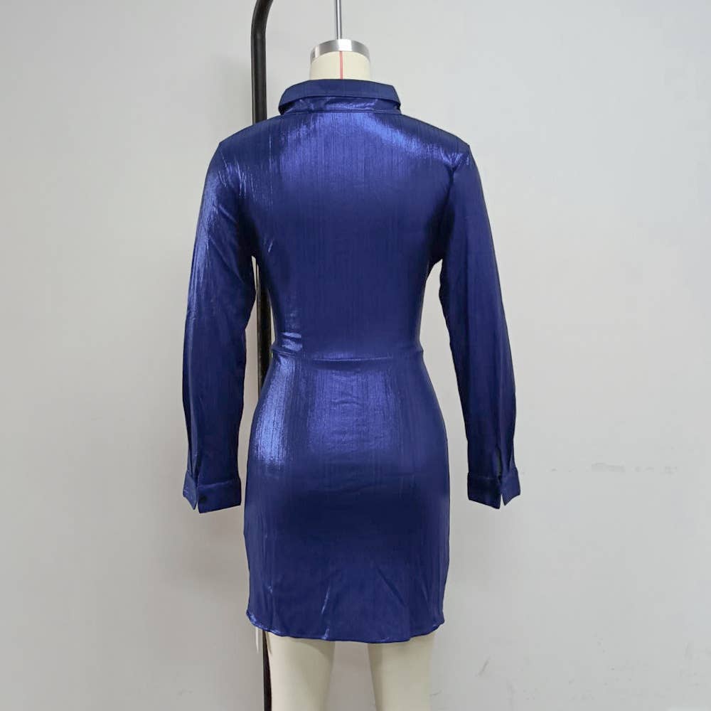 Stylish lapel bow lace-up slim short shirt dress