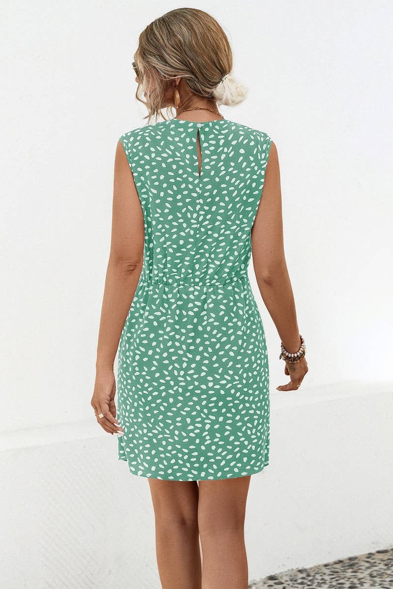 CWDSD7112_SUMMER POLKA DOT PILE NECK SLEEVELESS DRESS